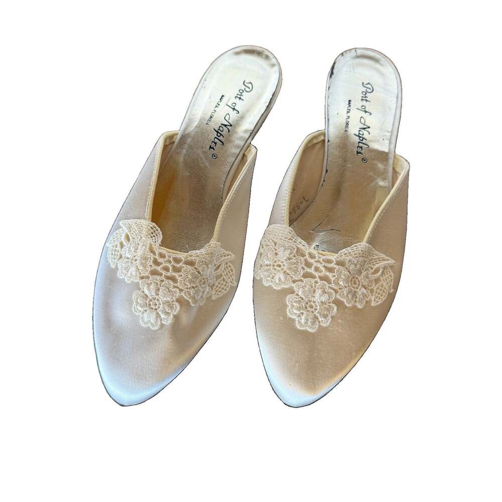 Vintage Port of Naples Ivory Satin Bridal Mules Lace Heels Marked 10 Fits 8-8.5